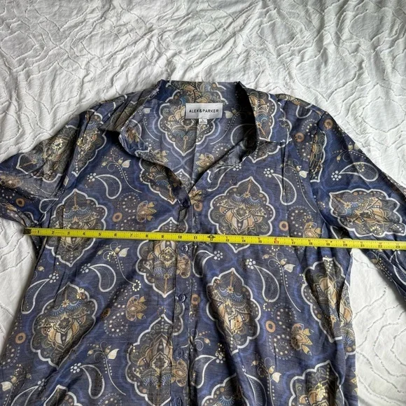 Alex & Parker Blue Tan Paisley Blouse Button Down Top - Picture 4 of 8